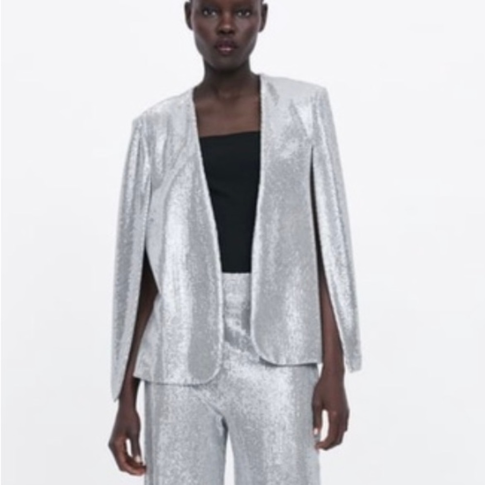 NWT ZARA Sparkly Detail Silver Vented Cape S